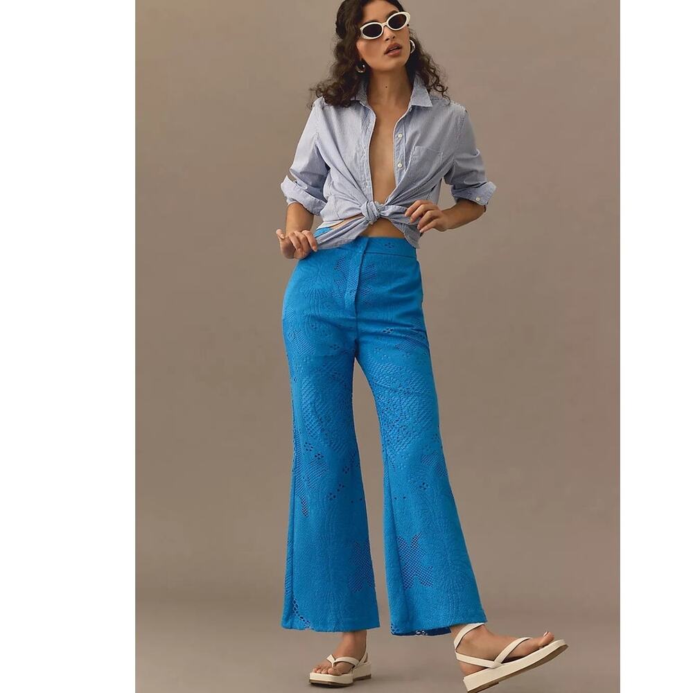 Anthropologie Bright Blue Crochet Flare Pants